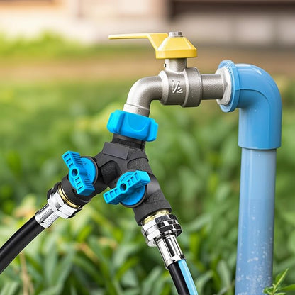 Hose Splitter 2 Way Heavy Duty, Garden Hose Splitter with Dual Shut-Off Valves, 3/4" Water Hose Connector, Leakproof Outdoor Faucet Splitter for Garden, RV, Lawn, Washing