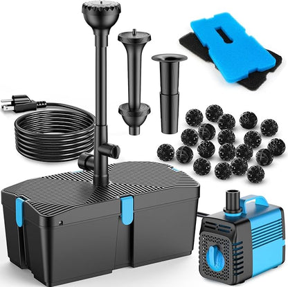 Pond Filter with Fountain Pump Kits, 660GPH Pond Pump and Filter Kit with 50W Submersible Water Pump, Pond Filters for Outdoor Ponds Clean Koi Pond Filter