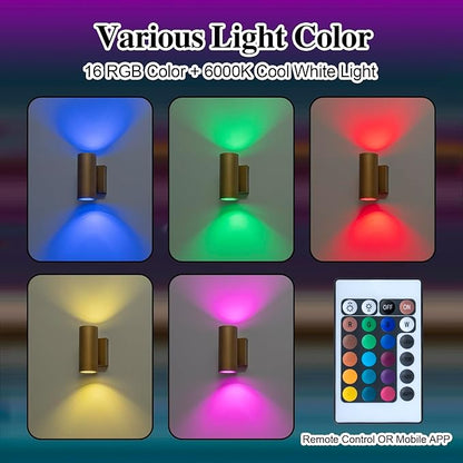 RGB Outdoor Wall Light LED Exterior Lighting Fixtures with Remote Control or App Control, 7" Handmade Gold Outdoor Sconce Lights for House Front Door Garage Patio Porch