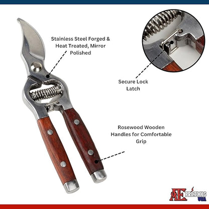 ATE Pro. Tools USA - Bypass Garden Pruning Shears - Heavy Duty, Professional Garden Shears, Wooden Handle, Stanless Steel, Garden Clippers, Rose Trimmers, Heat Treated, Mirror Polish, 8" Hand Pruners