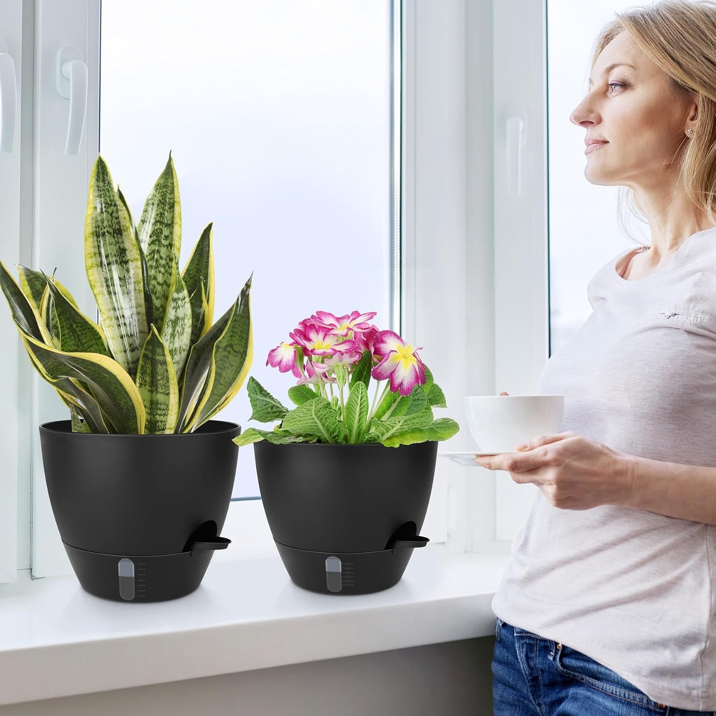 Self-Watering Plant Pots with Water Level Indicator, Drainage Holes & Saucers – 12/10/9 Inch Large Plastic Planter Set for Indoor & Outdoor Plants (Pure Black)