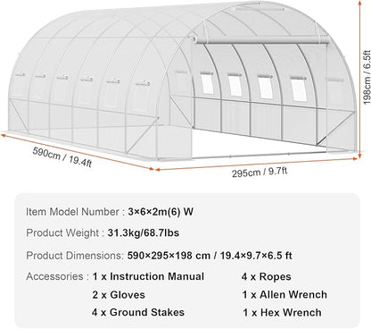 VEVOR Walk-in Tunnel Greenhouse, 19.4x9.7x6.5 ft Hoop House Greenhouse Tunnel, Plant Hot House with Galvanized Steel Frame, White PE Cover, Roll-up Zipper Door and 12 Windows for Outdoor