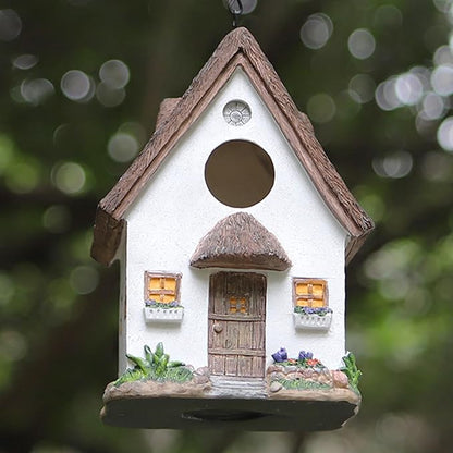 Rustic Cottage Birdhouse with Thatch Roof – Hand-Painted Resin Outdoor Bird House for Small Birds, Weatherproof Garden Decor for Backyard or Patio