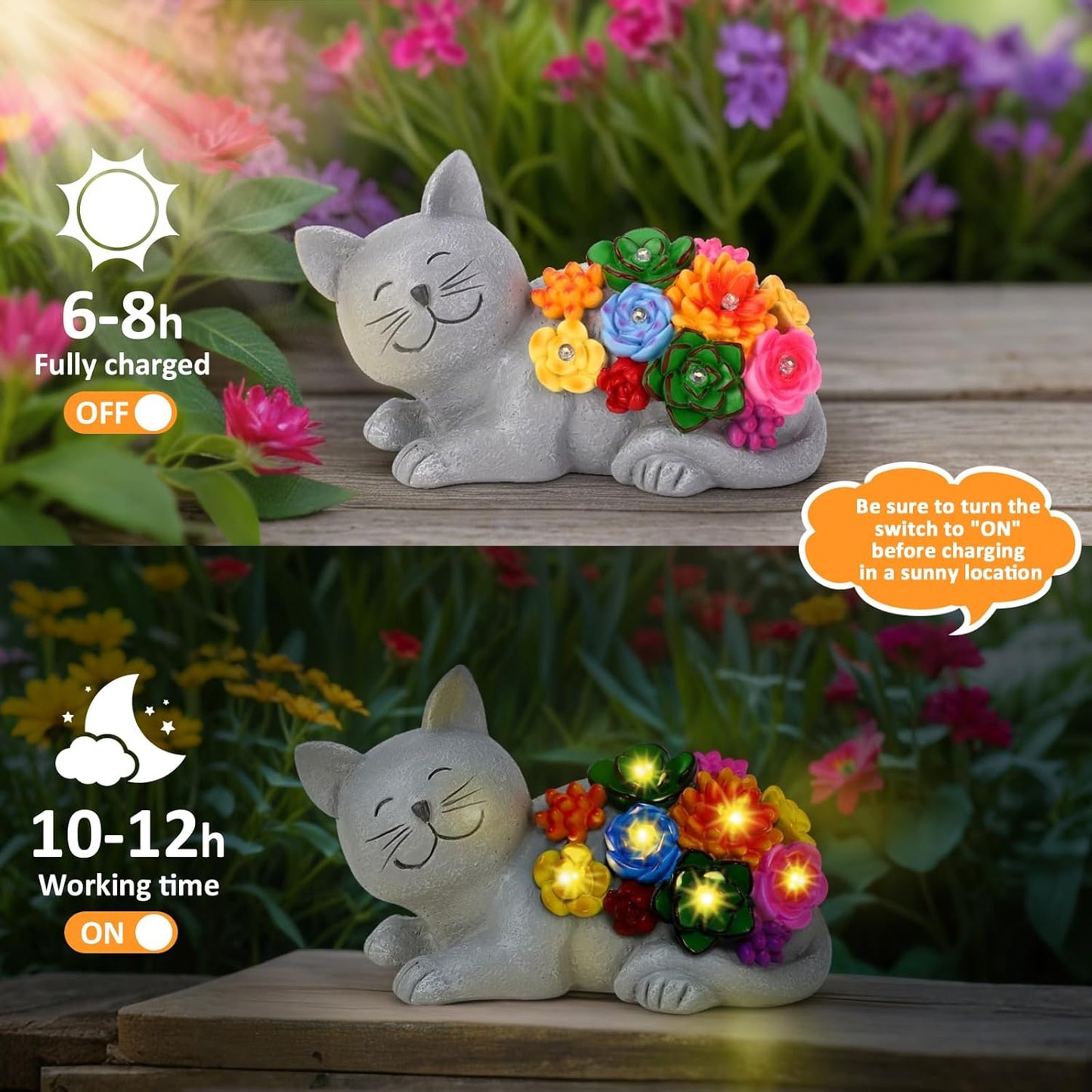 Solar Garden Decor Cat Statue Lights, Birthday Gifts for Women Mom and Cat Lover, Outdoor Decor with Succulentss and 6 LED Lights for Yard Art Lawn Patio Porch