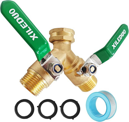 Garden Hose Splitter 2 Way,Brass Water Hose Splitter with Stainless Steel Long Handle,Outdoor Full Flow Hose Splitter Connector,Y Valve 3/4 Inch GHT Thread
