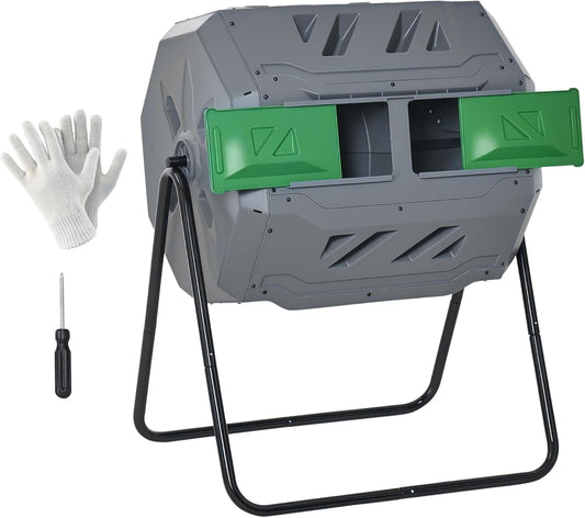 Outsunny Tumbling Compost Bin Outdoor 360° Dual Chamber Rotating Composter 43 Gallon, Light Gray