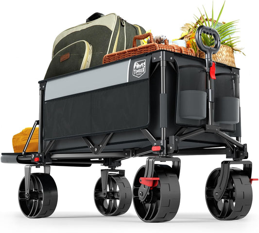 TIMBER RIDGE Beach Wagon with Tailgate, 300lbs Heavy Duty Collapsible Wagon with All-Terrain Big Brakes Wheels, Foldable Utility Cart for Sand Sports Shopping, Gray