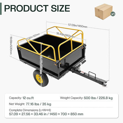Jocisland Garden Utility Trailer, 500Lbs 12 Cu.Ft ATV UTV Trailer Tow Behind Dump Cart with Removable Sides, Rear Hitch & Convenient Handle, Outdoor Lawn Mower Cart for Tractor