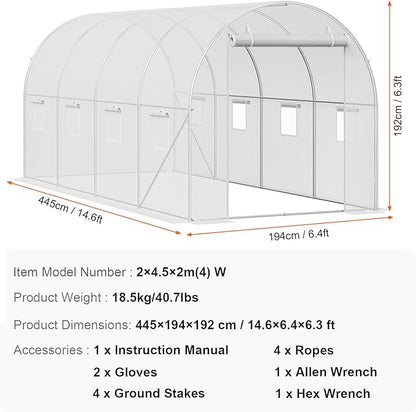 VEVOR Walk-in Tunnel Greenhouse, 14.6x6.4x6.3 ft Hoop House Greenhouse Tunnel, Plant Hot House with Galvanized Steel Frame, White PE Cover, Roll-up Zipper Door and 8 Windows for Outdoor