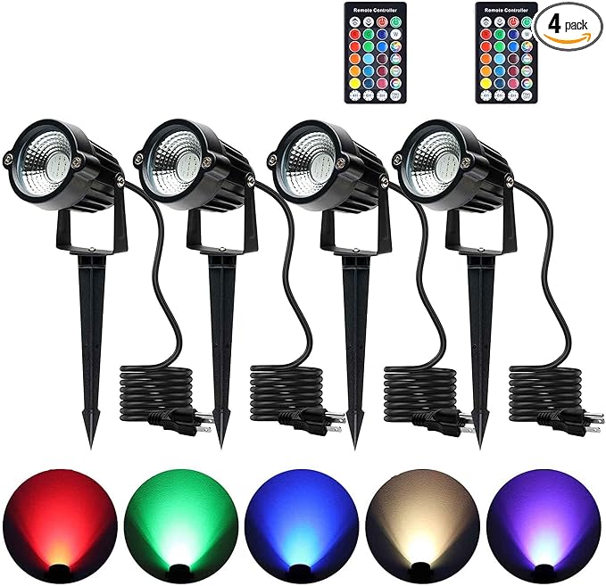 Outdoor Spotlights, Yard Spot Lights with Timer, 5W 120V RGB Colored Waterproof Memory Dimmable LED Landscape Light with Spiked Stand for Yard Lawn Pathway Tree Garden (4 Pack)