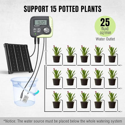 Raddy WS-1 Drip Irrigation Kit, 5W Solar Powered Automatic Watering System, Easy DIY Water Timer for Plants on The Balcony, Gardens, and Green House, Supported 15 Pots
