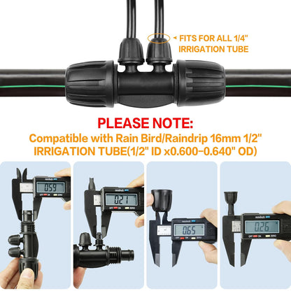 Drip Irrigation Fittings for 1/2 Inch to 1/4 Inch Tubing Reducing Tee：1/2" (1/2" ID x 0.65" OD) to 1/4" Drip Line Anti-drop Locked Nut Barbed Reducer 4 Way Tee Connectors (12 Pack)