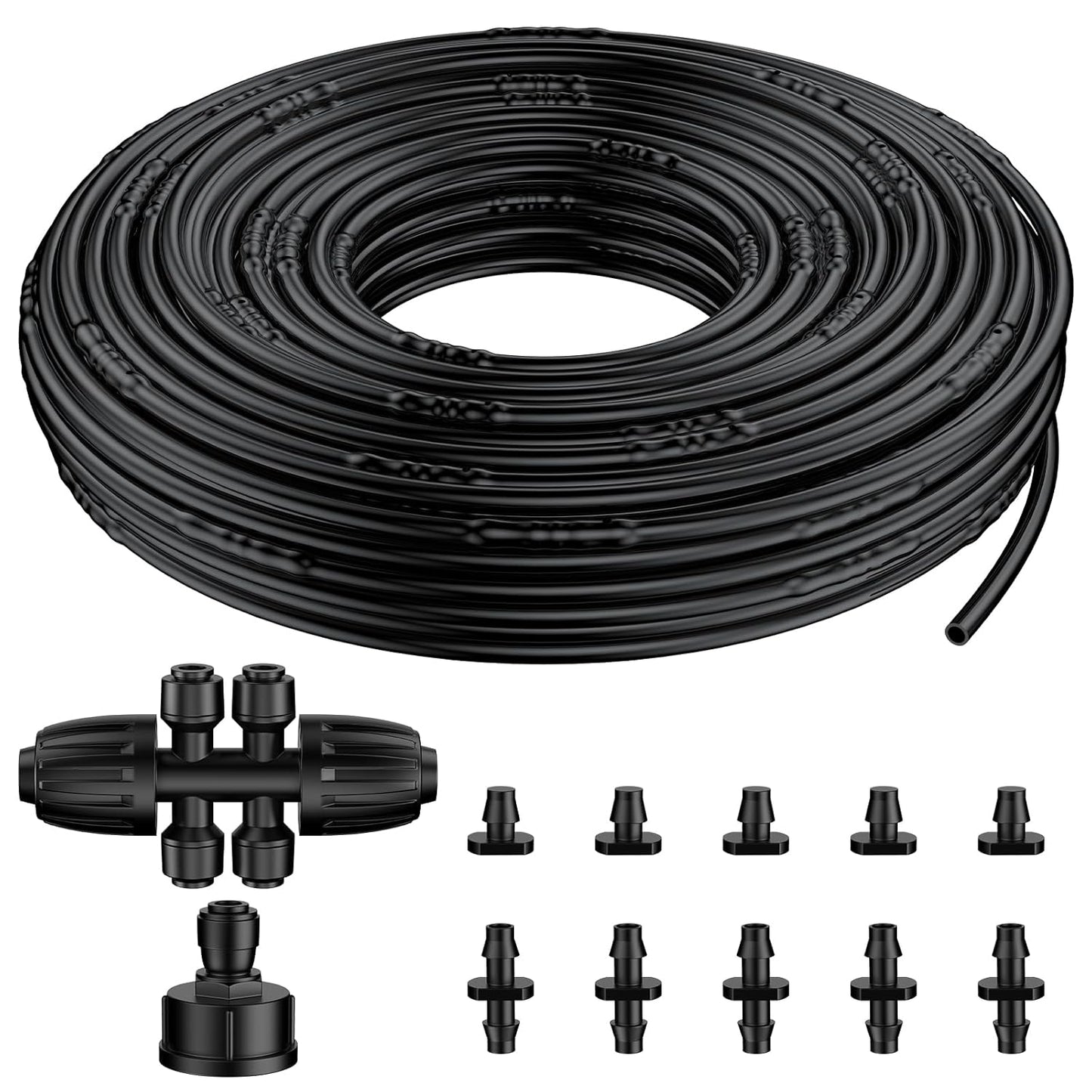 Pawfly 100 ft 1/4 Drip Irrigation Tubing, 1/4" Emitter with 6" Spacing, Polyethylene Drip Line with 12 Parts, Black Distribution Tubing for Garden System, Drip Irrigation Hose Roll