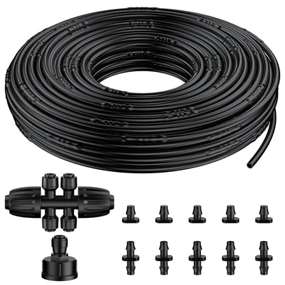 Pawfly 100 ft 1/4 Drip Irrigation Tubing, 1/4" Emitter with 6" Spacing, Polyethylene Drip Line with 12 Parts, Black Distribution Tubing for Garden System, Drip Irrigation Hose Roll