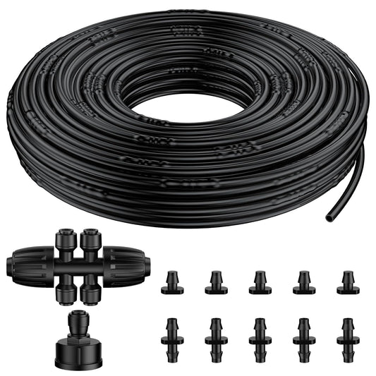 Pawfly 100 ft 1/4 Drip Irrigation Tubing, 1/4" Emitter with 6" Spacing, Polyethylene Drip Line with 12 Parts, Black Distribution Tubing for Garden System, Drip Irrigation Hose Roll