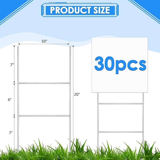 Therwen 30 Pcs Yard Sign Stakes 20'' x 10'' Metal H Heavy Duty Frame Wire Stakes Galvanized Lawn Sign for 4mm 5mm Corrugated Advertising Board Yard Garage Holder Halloween Decor