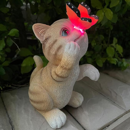 Garden Decor Solar Cat Figurines Cat Lover Gifts with LED Butterfly Lights for Indoor Outdoor Decor for Yard Garden Patio Decor Gifts for Women Grandma Mother's Day Birthday