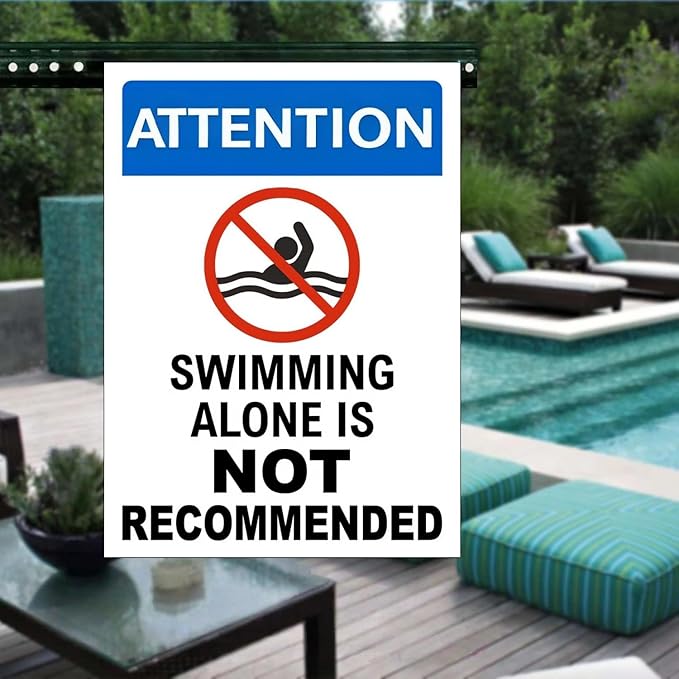 Swimming Alone is Not Recommended Metal Pool Signs Outdoor - Retro Tin Decor for Pool Owners & Safety-Conscious Swimmers