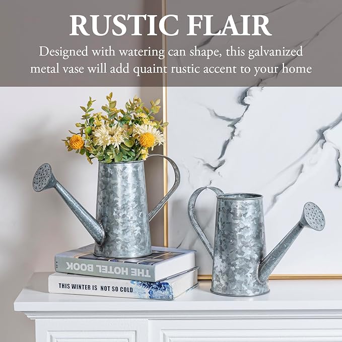 MyGift 5 Inch Small Rustic Galvanized Metal Decorative Vases in Vintage Style Watering Can Design for Dried Flowers and Artificial Plants, Set of 2 - Handcrafted in India