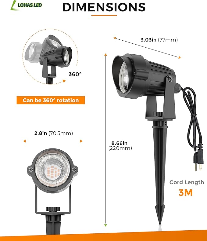 LOHAS Landscape Orange Halloween Spot Lights Outdoor, 10W Dusk to Dawn Sensor LED Spotlights for Yard, IP66 Waterproof Pathway Outside Lights, 9.84-ft Cord, Orange Lawn Decor Lamp, UL Listed,2 Pack