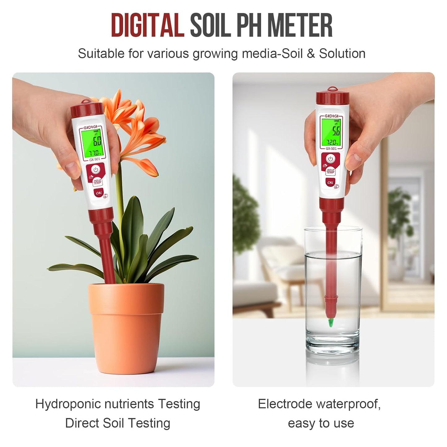 Soil pH Test Meter for Gardener, Direct Measurement Soil Test pH for House Plant, Digital Soil pH Meter and Temperature with High Accuracy for Garden, Grass,Lawn, Greenhouse,Outdoor and Yard Use