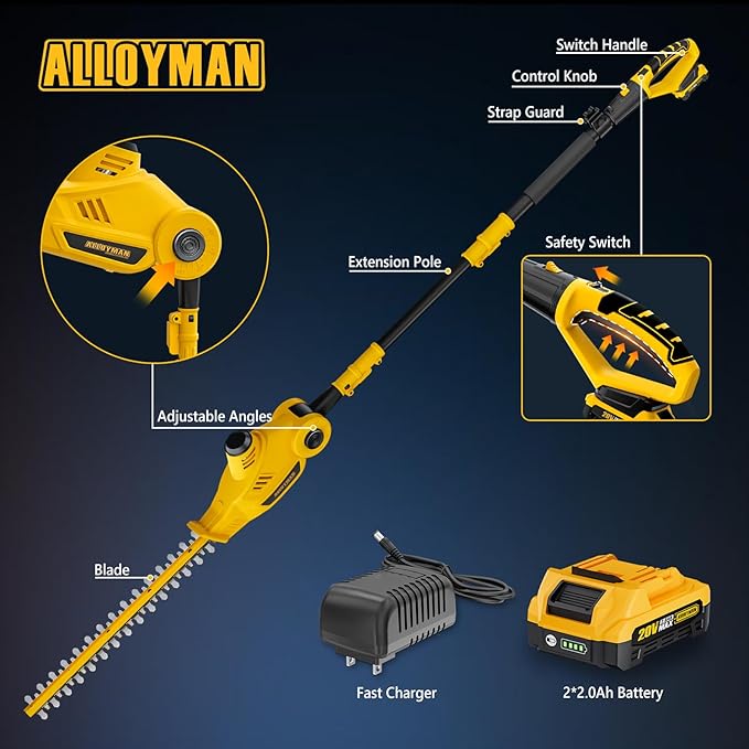 Alloyman 20V MAX Pole Hedge Trimmer,Telescoping Pole Hedge Trimmer,with 2 Packs 2.0Ah Batteries & Charger,8 Feet Hedge Trimmer for Shrubs Pruning