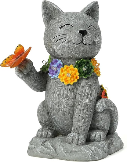 Outdoor Solar Cat Garden Statue - with LED Flowers and Butterfly Yard Art, Suitable for Lawn Decoration, Porch,Yard Decorations Outdoor, Birthday Gift for Mother, Grandmother, or Women