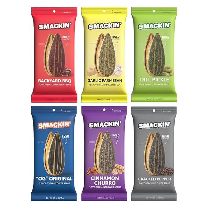 SMACKIN' Sunflower Seeds, Roasted Jumbo Small-Batch, American Made - 6 Flavor Variety. 1.5oz bags (6 Bags)