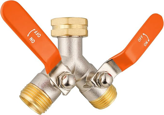 2 Way Hose Splitter, Brass High Flow Garden Hose Splitter Heavy Duty, Hose Connector, Water Spigot Splitter, Full Flow Faucet Splitter with shutoff, 3/4” GHT Inlet