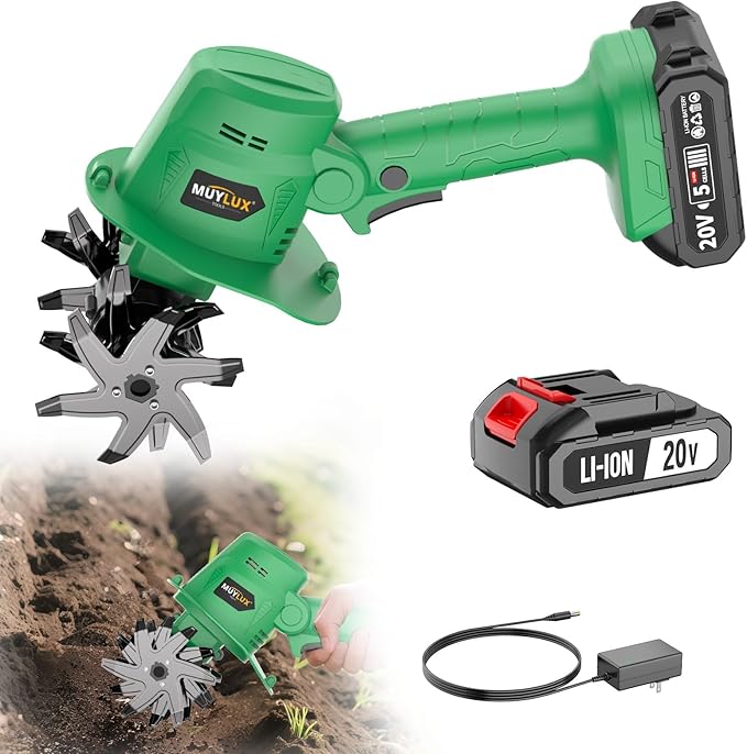 20V Cordless Tiller Cultivator for Gardening, Electric Garden Tiller with Only 1 x 2.0Ah Battery & Charger, Garden Rototiller for Lawn Gardening Soil Cultivation