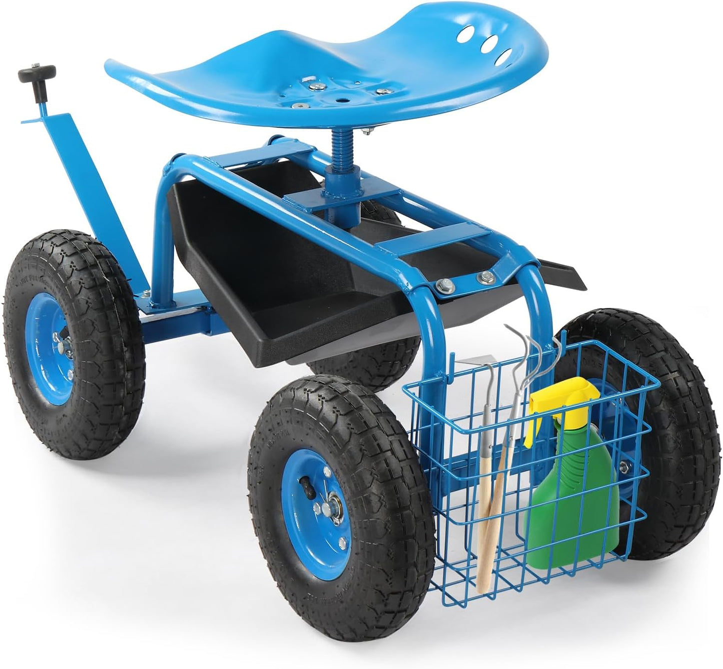 Outvita Garden Cart Gardening Workseat w/Wheels, Rolling Work Seat with Adjustable 360 Degree Swivel Seat, Basket and Tool Tray, Patio Wagon Scooter for Lawn Yard Outdoor Planting（Blue）