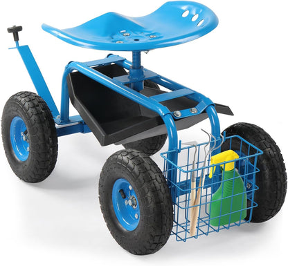 Outvita Garden Cart Gardening Workseat w/Wheels, Rolling Work Seat with Adjustable 360 Degree Swivel Seat, Basket and Tool Tray, Patio Wagon Scooter for Lawn Yard Outdoor Planting（Blue）