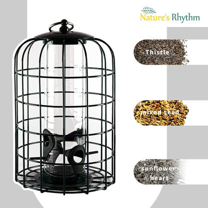 Nature's Rhythm Outdoor Hanging Bird Feeder Cage PC Tube Squirrel Proof Wild Bird Feeder with Large Metal Seed Guard Deterrent