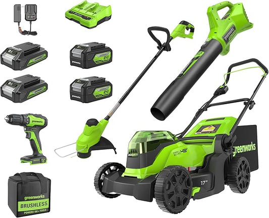 Greenworks 48V (2x24V) 17" Brushless Mower+12" String Trimmer+320CFM Blower+310 in./lbs Drill Driver, (2) 4.0Ah Batteries and (2) 2.0Ah Batteries, 2A Dual Port Charger