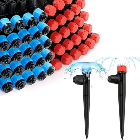 RedChili 50 Pieces Drip Emitters for 1/4" Drip Irrigation Tubing, 25 Pcs Vortex Emitters and 25 Pcs Stream Emitters Adjustable 360 Degree Full Circle Drip Emitters with Stake