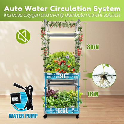 2-Tier Hydroponics Growing System for Tall & Climbing Plants, Awokabud Planters for Flowers and Plants,Indoor Herb Garden Kit with Adjustable LED Grow Light, Automatic Water Circulation-32 Pods