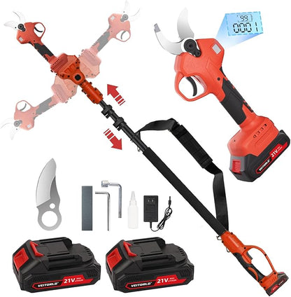 VEITORLD 2-IN-1 Cordless Electric Pole Pruning Shears, 15ft Reach, 1.6" Cutting Diameter, Battery Powered with 2x 2000mAh, Brushless Motor for Efficient Garden Tree Trimming, Branch Cutting（Red）