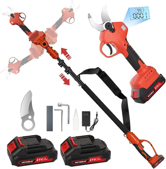VEITORLD 2-IN-1 Cordless Electric Pole Pruning Shears, 15ft Reach, 1.6" Cutting Diameter, Battery Powered with 2x 2000mAh, Brushless Motor for Efficient Garden Tree Trimming, Branch Cutting（Red）