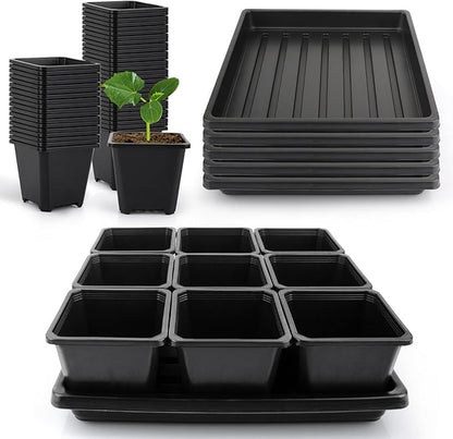 50Pcs 3.5inch Square Nursery Pots with 5Pcs Seed Starting Trays, Seed Starter Tray Kit, Seeds Starting Germination, Seeding Pots with Drain Holes, Small Plant Nursery Propagation
