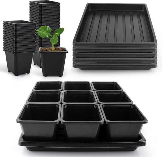 50Pcs 3.5inch Square Nursery Pots with 5Pcs Seed Starting Trays, Seed Starter Tray Kit, Seeds Starting Germination, Seeding Pots with Drain Holes, Small Plant Nursery Propagation
