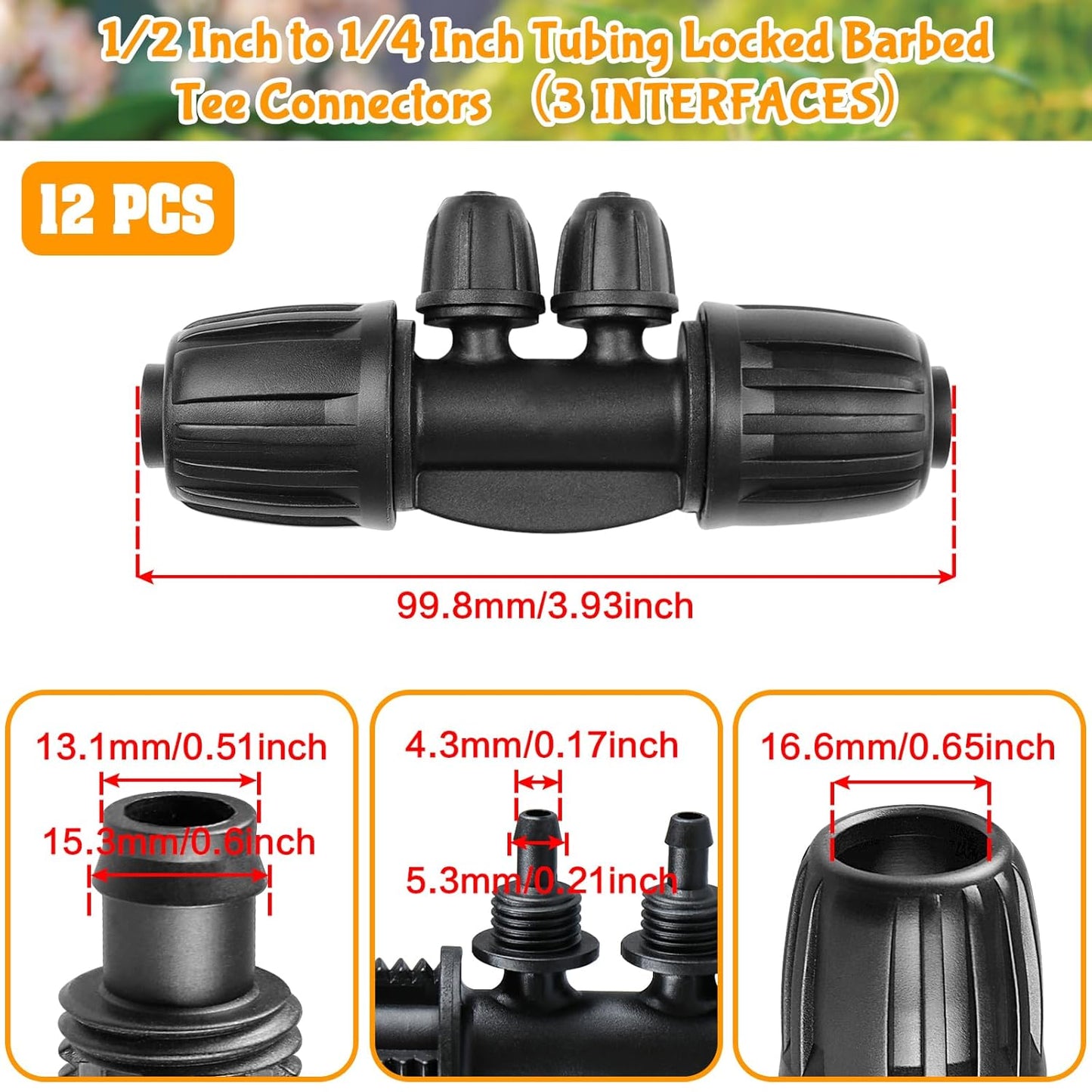 Drip Irrigation Fittings for 1/2 Inch to 1/4 Inch Tubing Reducing Tee：1/2" (1/2" ID x 0.65" OD) to 1/4" Drip Line Anti-drop Locked Nut Barbed Reducer 4 Way Tee Connectors (12 Pack)