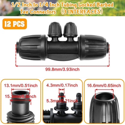 Drip Irrigation Fittings for 1/2 Inch to 1/4 Inch Tubing Reducing Tee：1/2" (1/2" ID x 0.65" OD) to 1/4" Drip Line Anti-drop Locked Nut Barbed Reducer 4 Way Tee Connectors (12 Pack)