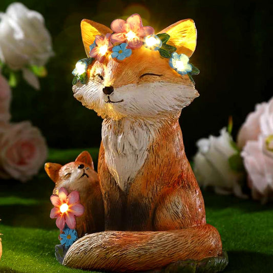 Leinuosen Fox Statue with Solar Power Light for Garden Decor Lighted Resin Fox Gifts for Women Mom Grandma Outdoor Animal Garden Statue Patio Porch Yard Lawn Courtyard Backyard Indoor Shelf Decoration