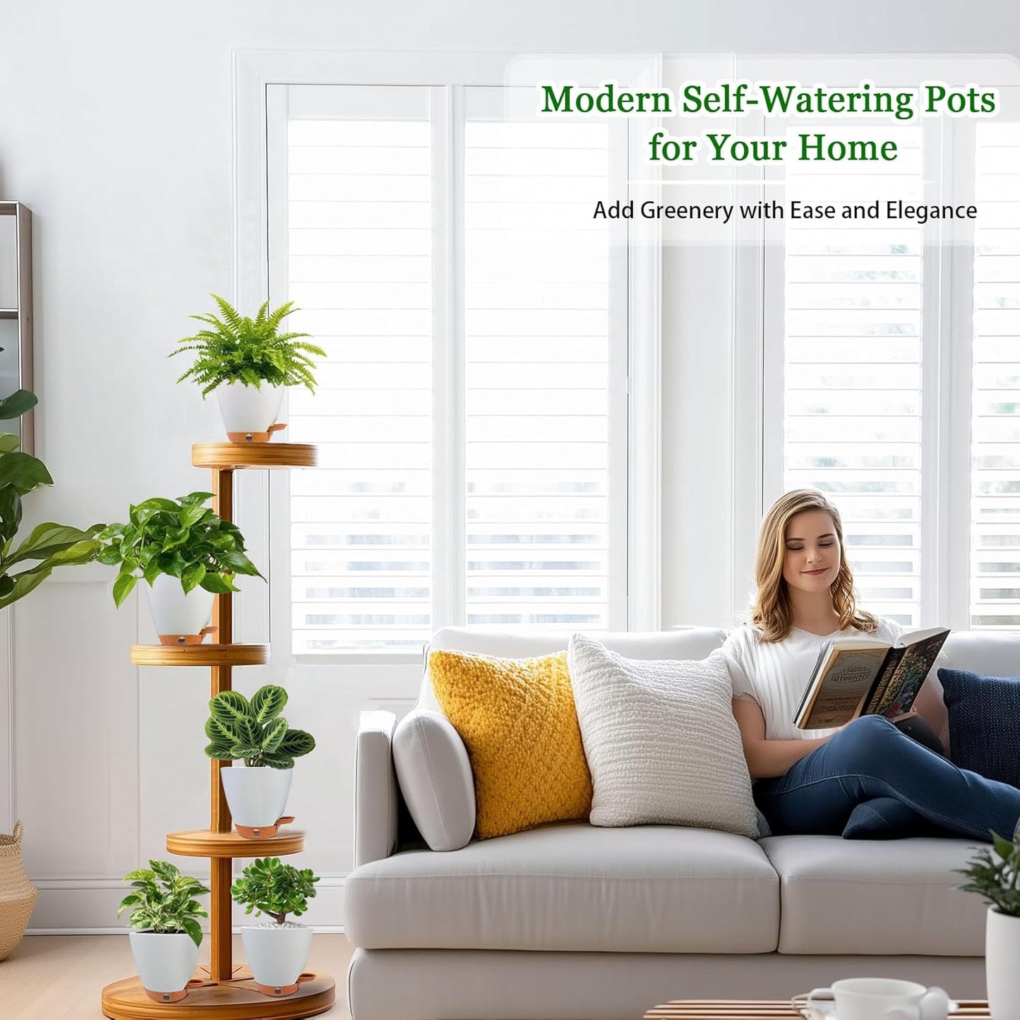 6 Inch Self Watering Pots for Indoor Plants (5-Pack) – Small Plastic Planters with Water Window, Drainage Holes & Trays, Indoor Outdoor Flower Pots for Herbs, Succulents, Home Garden Decor (White)