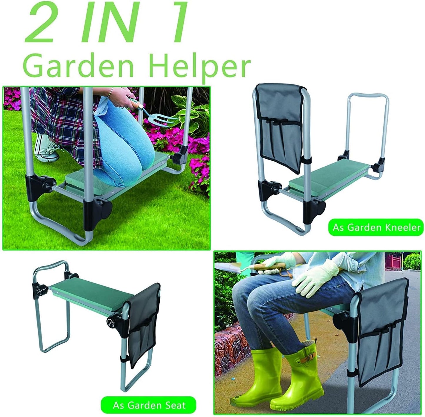 LUCKYERMORE Garden Kneeler and Seat, Button Press Kneeling Bench with Tool Pouch and EVA Foam Pad, Foldable Gardening Stool, Gardening Gifts for Parents Seniors, Lightweight & Heavy Duty