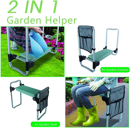 LUCKYERMORE Garden Kneeler and Seat, Button Press Kneeling Bench with Tool Pouch and EVA Foam Pad, Foldable Gardening Stool, Gardening Gifts for Parents Seniors, Lightweight & Heavy Duty