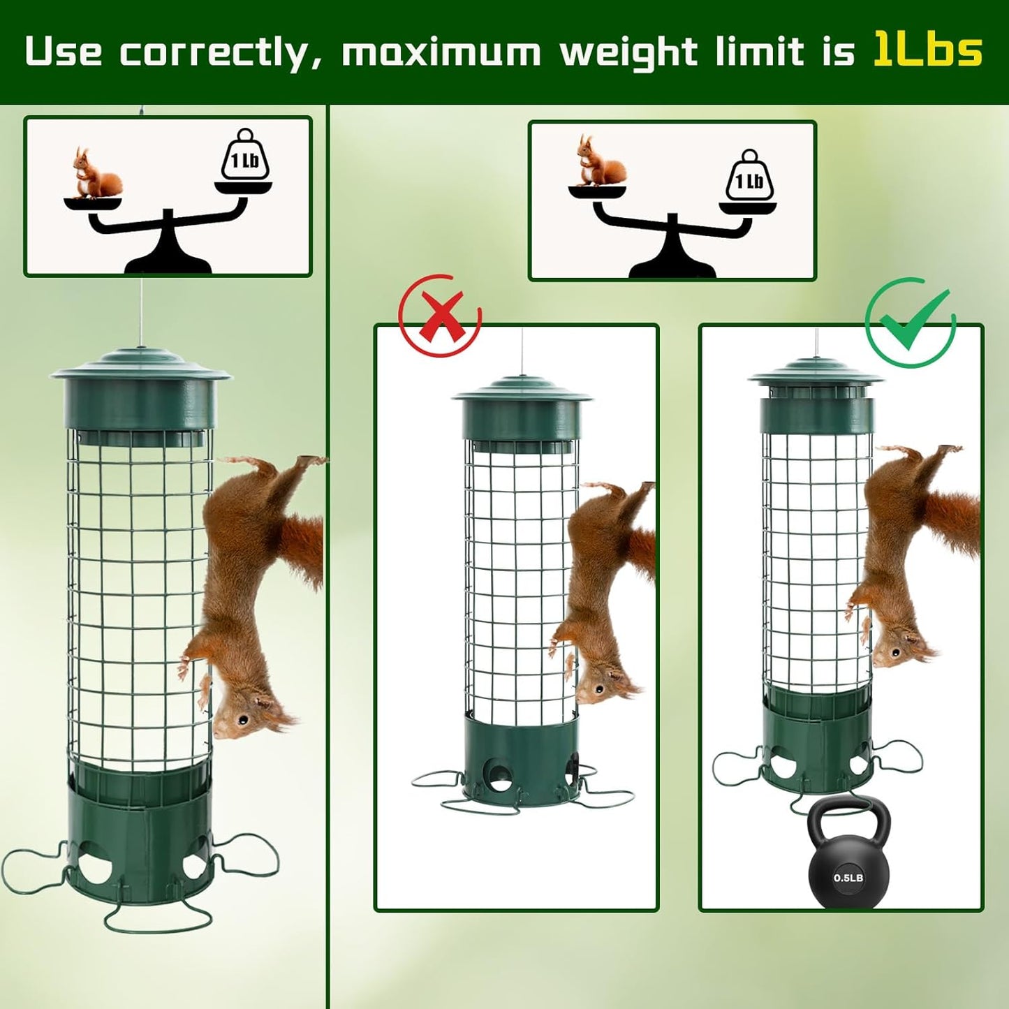 Squirrel Proof Bird Feeder, Weight Activated Outdoor Hanging Metal Bird Feeder, Bite Proof, Weatherproof, Durable, Suitable for Chickadees, Goldfinches, Cardinals, 4.4LB Large Capacity, Green