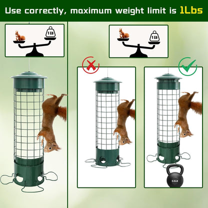 Squirrel Proof Bird Feeder, Weight Activated Outdoor Hanging Metal Bird Feeder, Bite Proof, Weatherproof, Durable, Suitable for Chickadees, Goldfinches, Cardinals, 4.4LB Large Capacity, Green