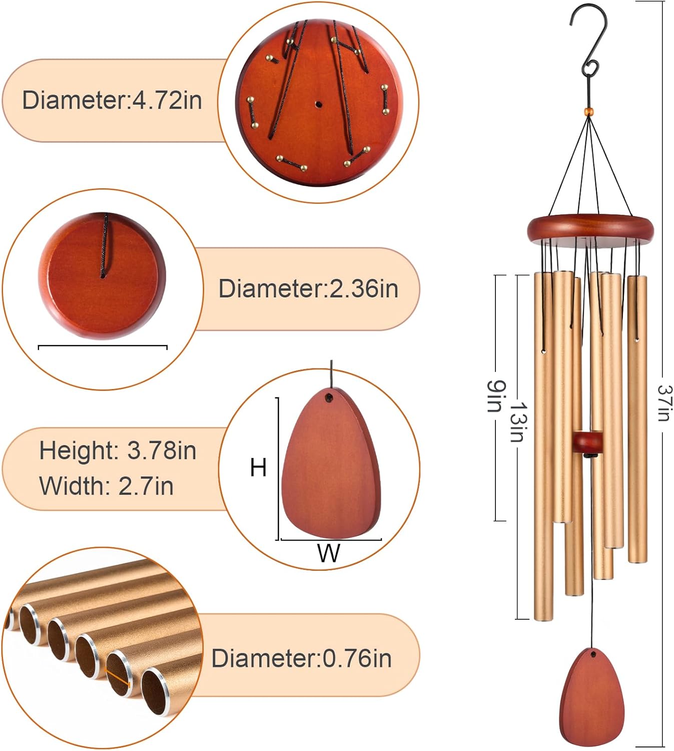 Large Wind Chimes for Outside – 37" Aluminum Windchimes Outdoors for Garden, Patio Decor, Memorial Gifts for Mom, Sympathy Gift for Loss of Loved One, Sister Gifts for Birthdays, Mother's Day(Gold)