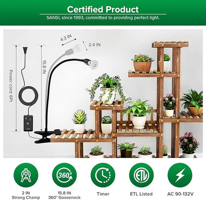 SANSI LED Grow Lights for Indoor Plants, Lifetime Free Bulb Replacement, 150W Full Spectrum Gooseneck Clip Plant Grow Light, Plant Light with Timer 4/8/12 Hrs, High PPFD Growing Power Grow Lamp